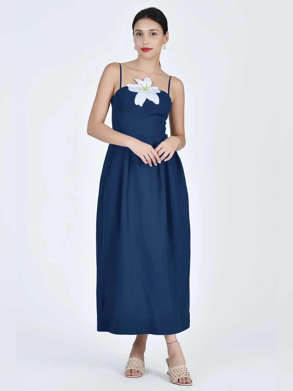 NEW FANM MON Lorr Latrice 100% Linen Midi Blue Dress